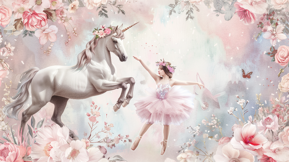 Unicorn and Ballerina Floral Wall Mural