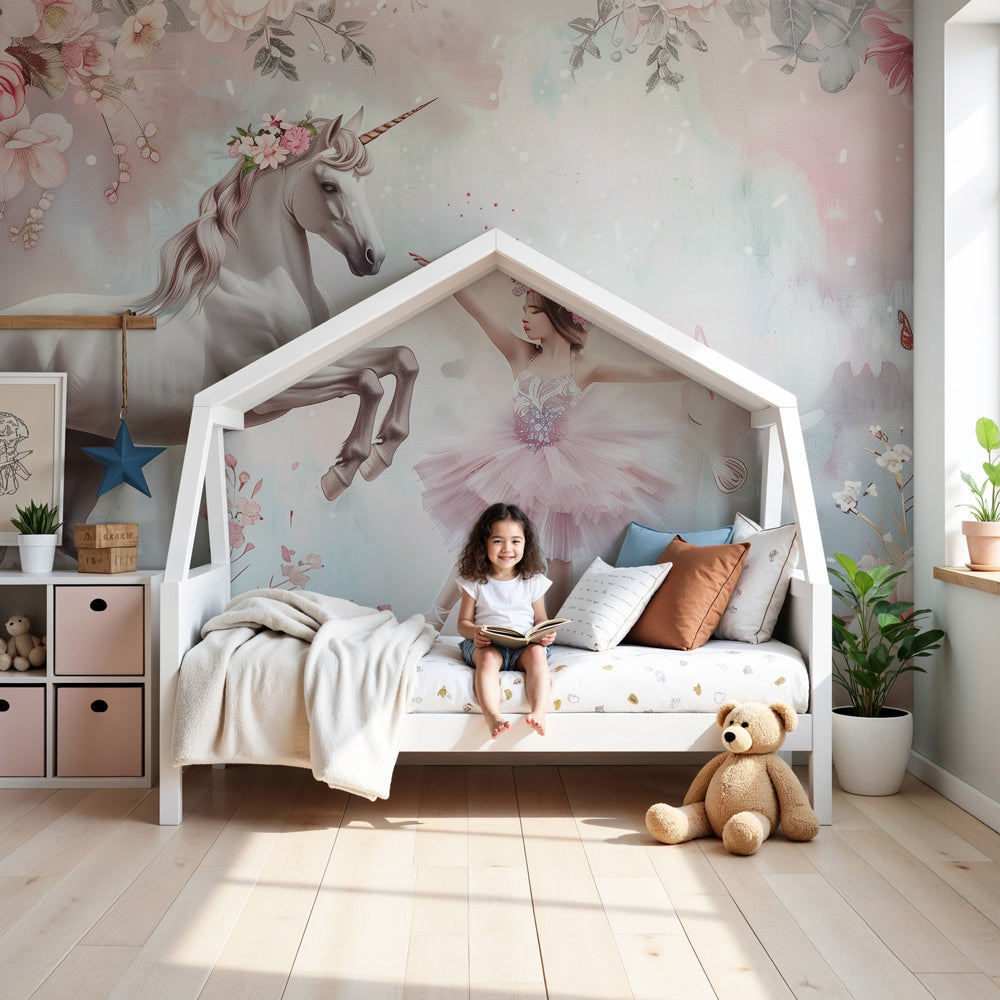 Kids-Mundo unicorn and ballerina floral wall mural styled in a soft baby nursery