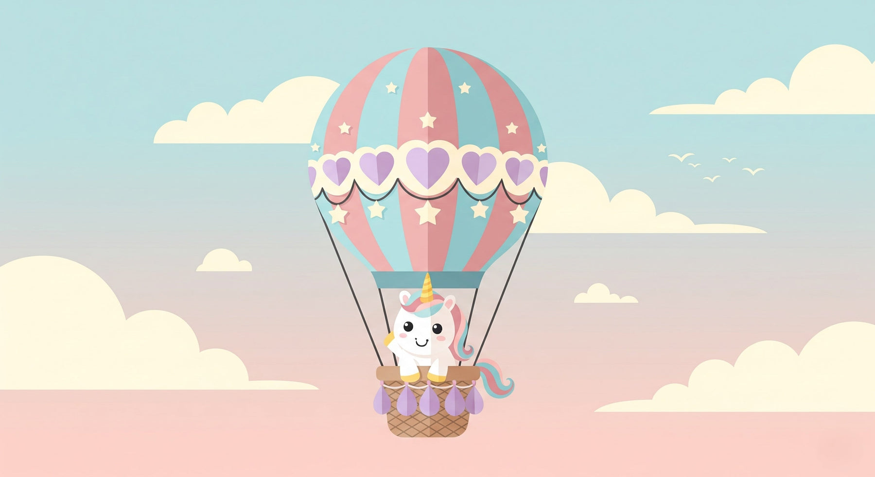 Detailed unicorn balloon mural wallpaper design pattern with hearts and stars by Kids-Mundo