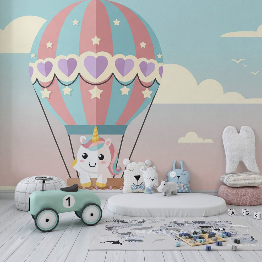 Pink and blue unicorn balloon wallpaper transforming children's bedroom into magical space