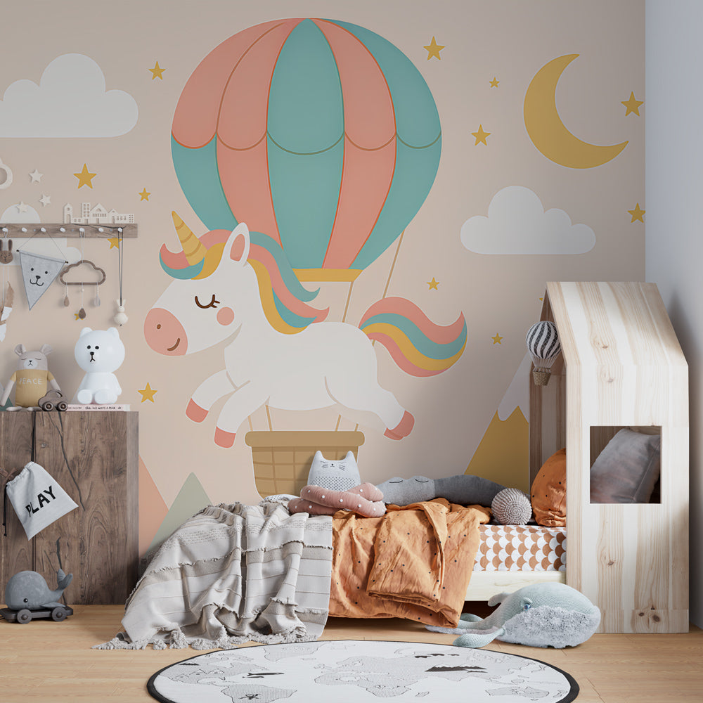 Magical unicorn and balloon mural wallpaper for children's playroom with beige tones by Kids-Mundo