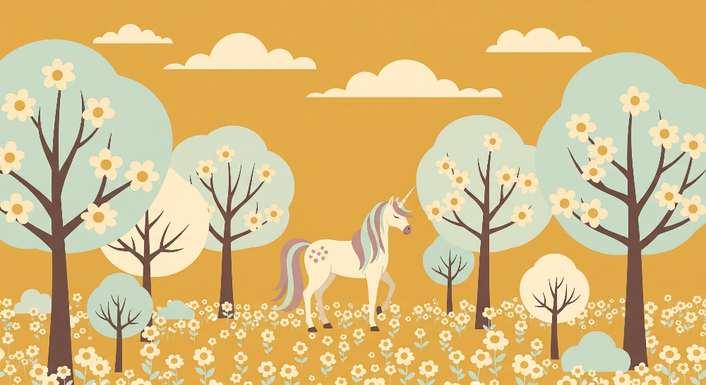 Kids-Mundo flat artwork of a unicorn walking through a mint blossom orchard mural design