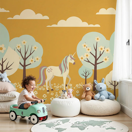 Kids-Mundo unicorn wall mural in a nursery, showing a unicorn among mint blossom trees and daisies