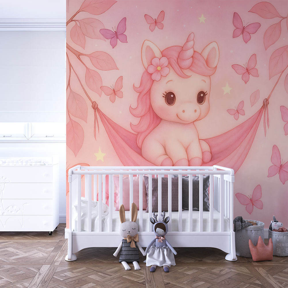 Kids-Mundo butterfly and unicorn wall mural brightening a playful pastel pink playroom corner.