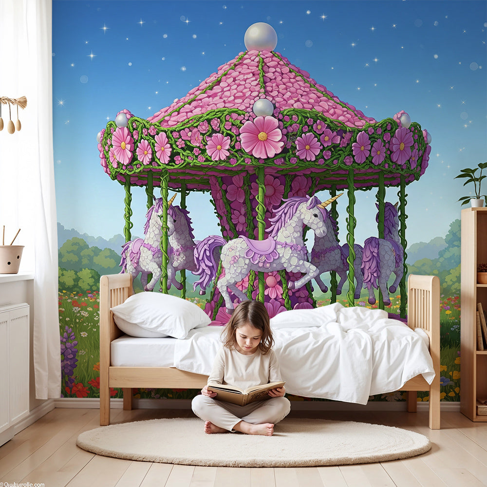 Kids-Mundo unicorn carousel flower meadow wall mural fitted above a cot in a bright nursery