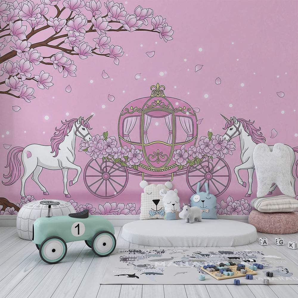 Kids-Mundo unicorn carriage wall mural on a feature wall in a girl's kids bedroom.