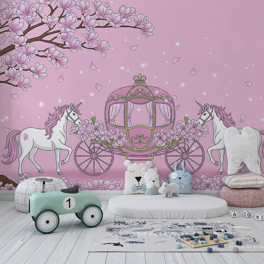 Kids-Mundo unicorn carriage wall mural on a feature wall in a girl's kids bedroom.