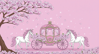Kids-Mundo flat artwork preview of the pink unicorn carriage blossom wall mural design.