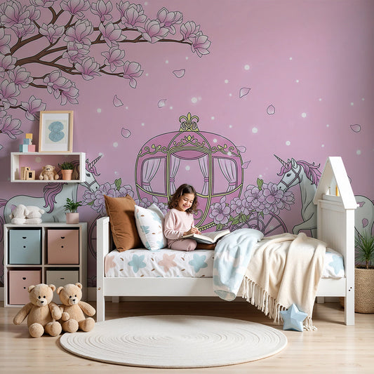 Kids-Mundo pink unicorn carriage wall mural styled behind a cot in a soft nursery.