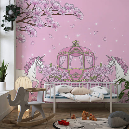 Kids-Mundo pink unicorn wall mural covering a wall in a cheerful children's playroom.