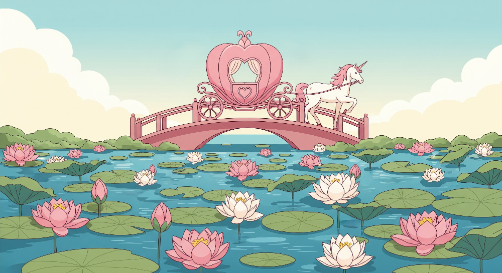 Kids-Mundo flat artwork of a unicorn pulling a heart carriage over a bridge above lily pads