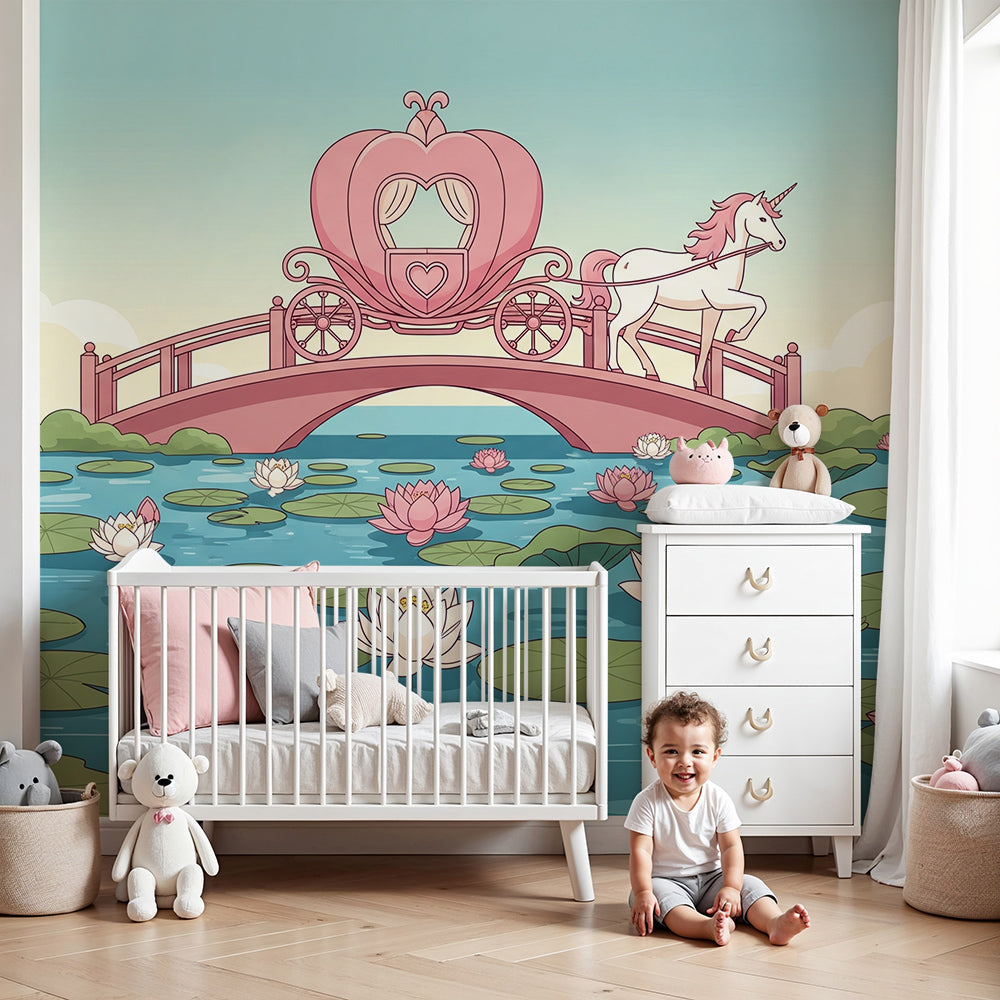 Kids-Mundo unicorn carriage lily pond wall mural fitted above a crib in a pastel nursery