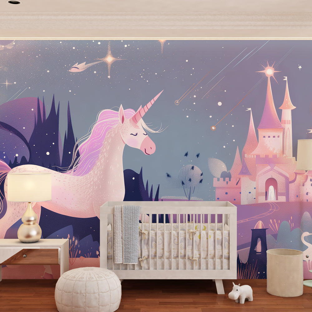Multicolored unicorn wallpaper transforming kids bedroom into enchanted kingdom