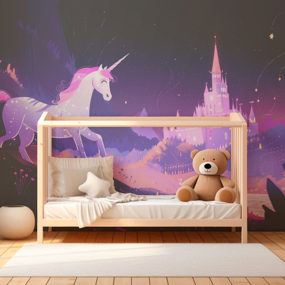 Enchanted unicorn wallpaper transforming children's bedroom into fairytale kingdom