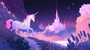 Detailed unicorn castle twilight mural wallpaper design pattern by Kids-Mundo