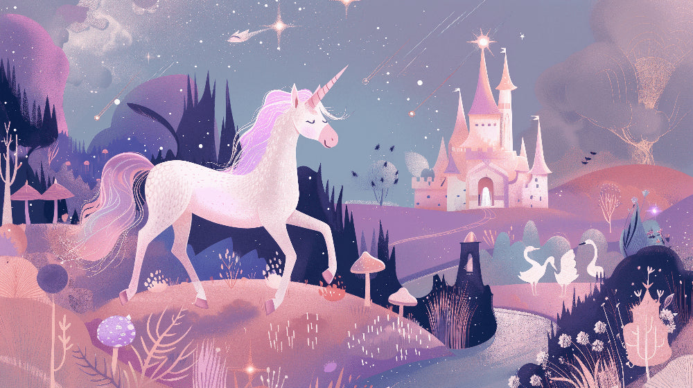 Detailed unicorn and starry castle mural wallpaper design pattern by Kids-Mundo