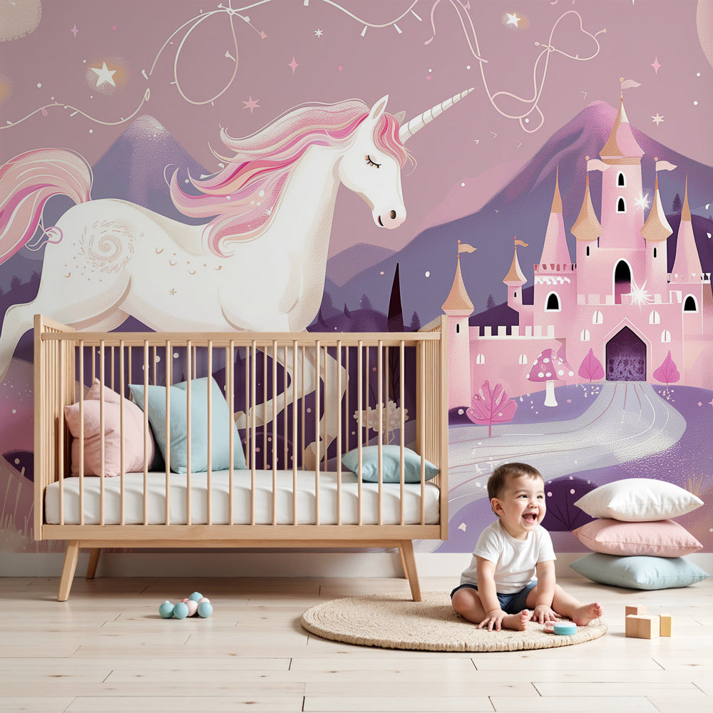 Pink unicorn castle mural wallpaper creating magical fairy tale nursery atmosphere by Kids-Mundo