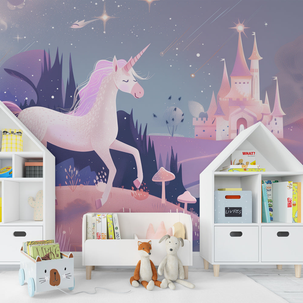 Fairy tale castle wallpaper with unicorns creating magical children's playroom atmosphere