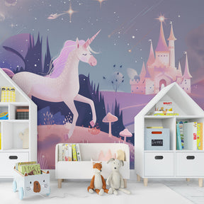 Fairy tale castle wallpaper with unicorns creating magical children's playroom atmosphere