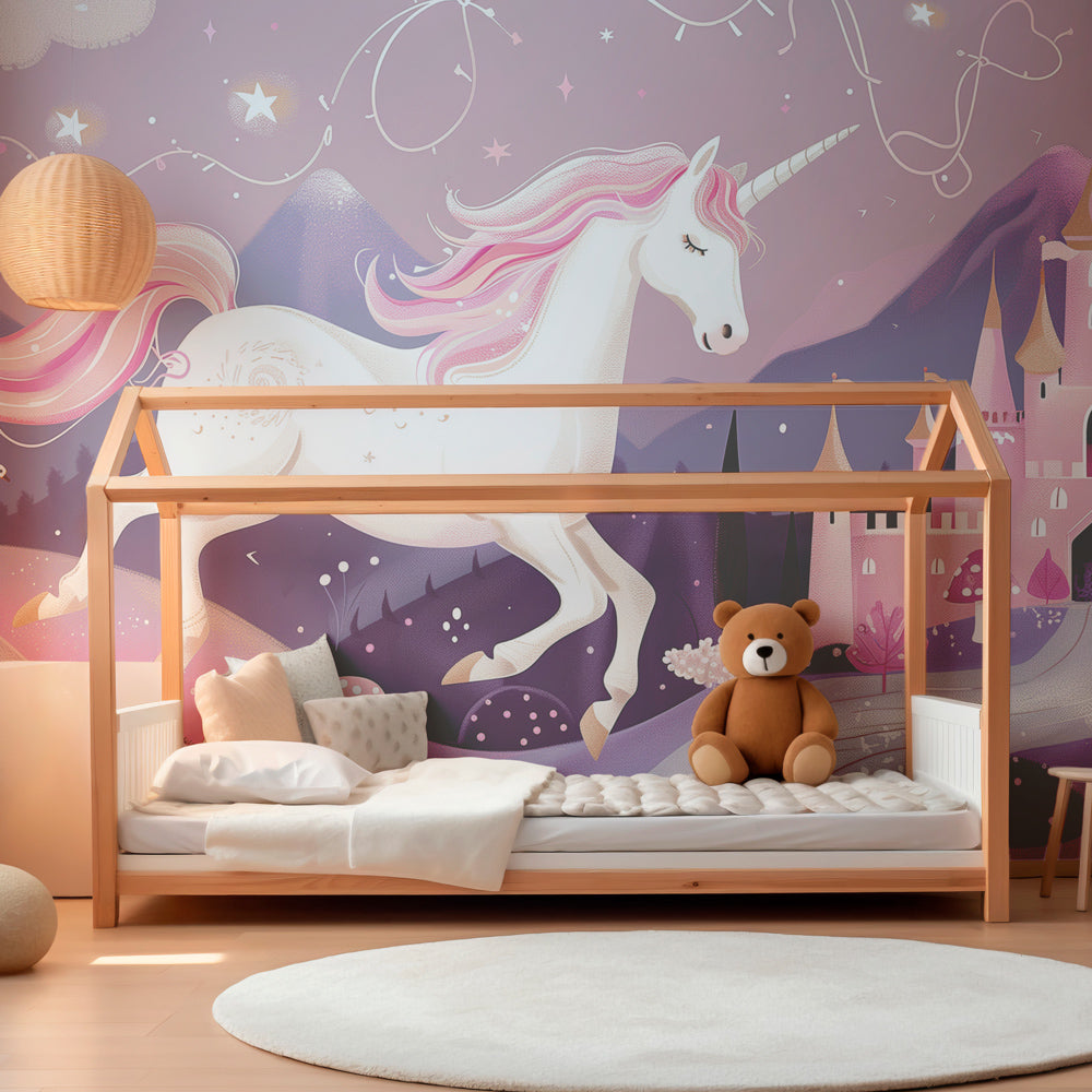 Fairy tale unicorn castle wallpaper creating imaginative play space for children