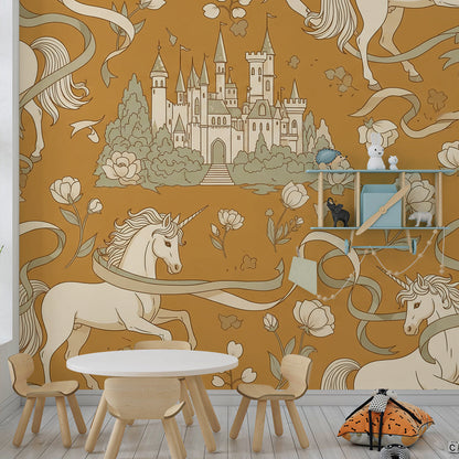 Kids-Mundo unicorn toile wall mural brightening a playroom with a fairytale castle pattern