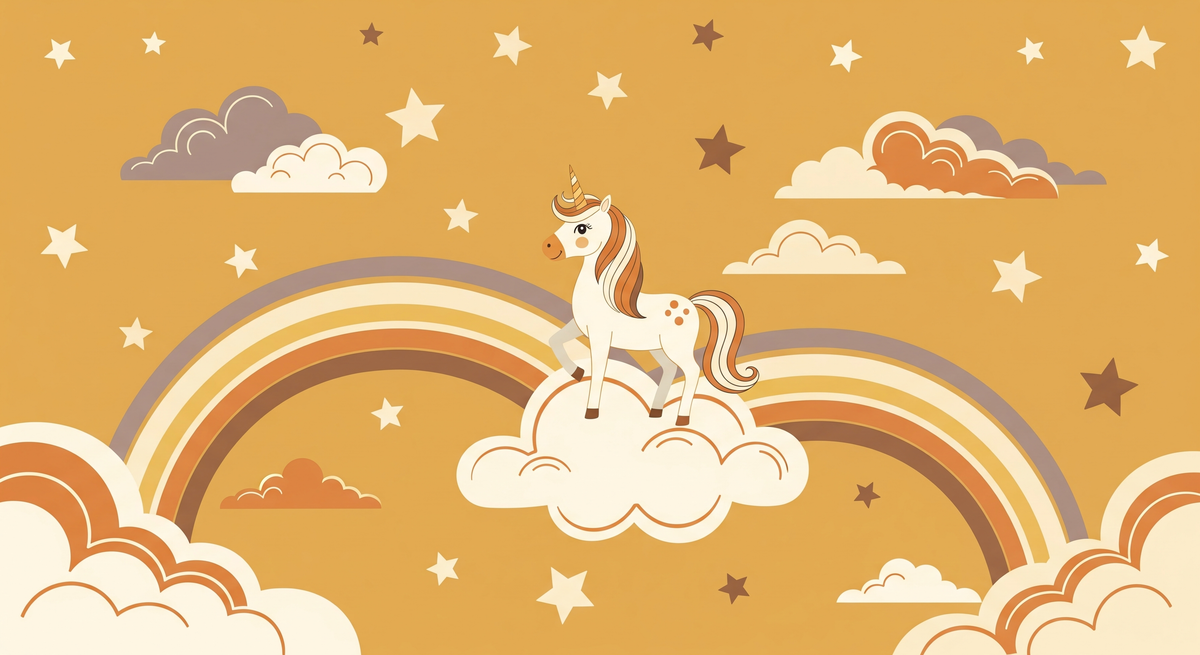 Unicorn on a Cloud with Golden Rainbow Wall Mural