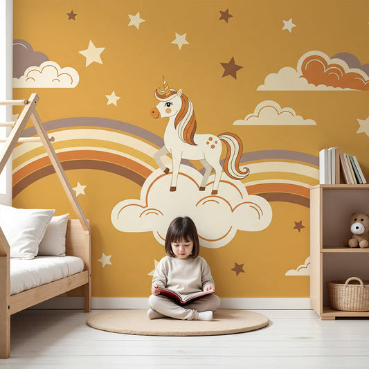 Nursery wall featuring the Kids-Mundo unicorn on a cloud golden rainbow wall mural with stars