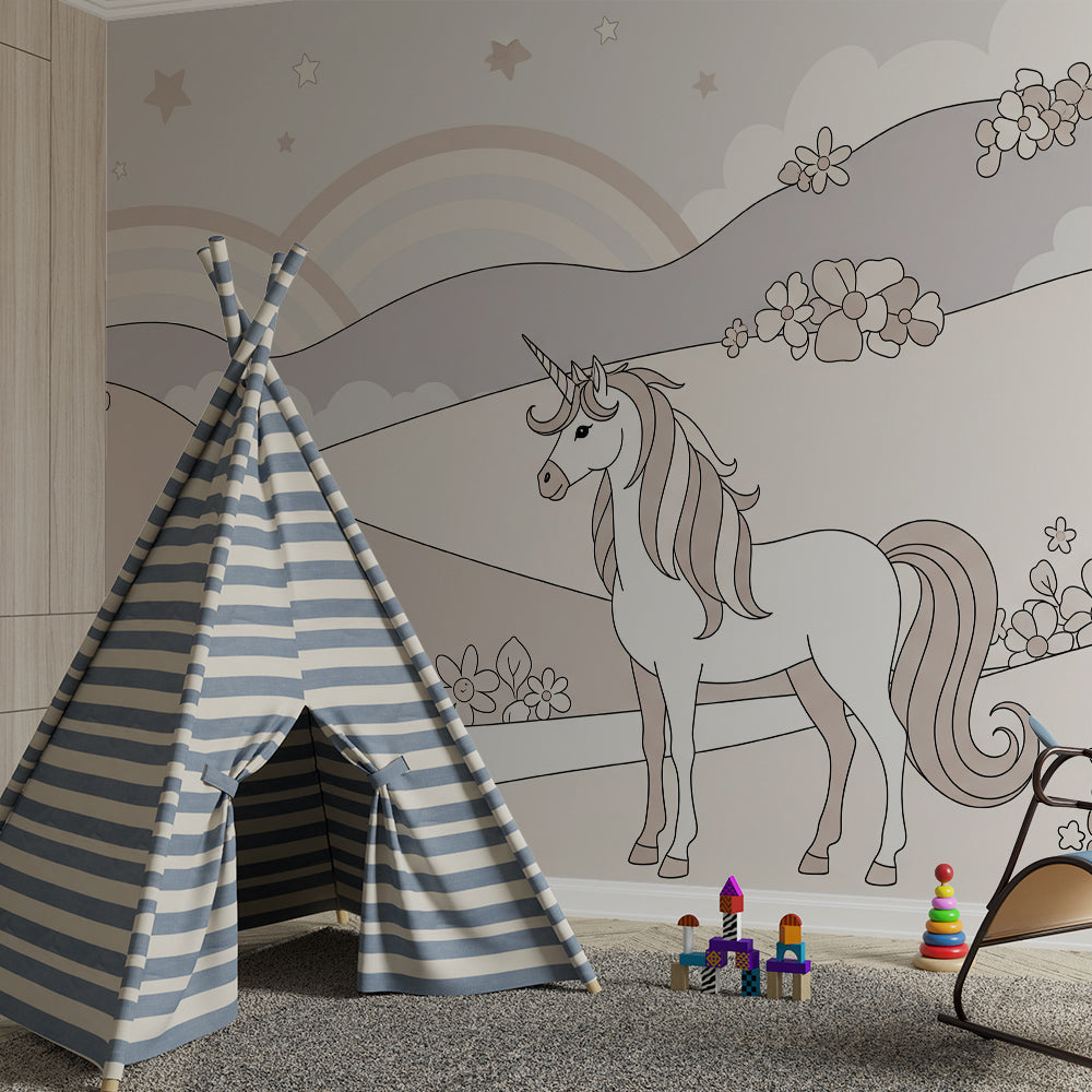 Kids-Mundo unicorn wall mural bringing gentle magic to a girl's bedroom wall.