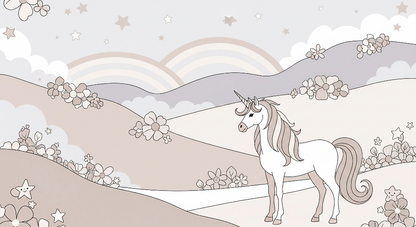 Kids-Mundo flat artwork of a line-drawn unicorn in a soft pastel meadow landscape.