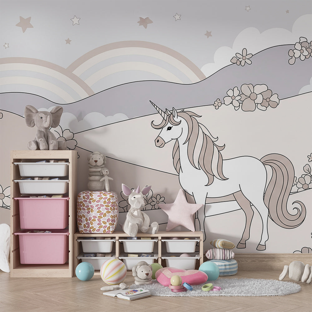 Kids-Mundo unicorn wall mural adding calm, storybook charm to a children's playroom.