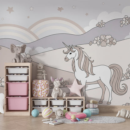 Kids-Mundo unicorn wall mural adding calm, storybook charm to a children's playroom.