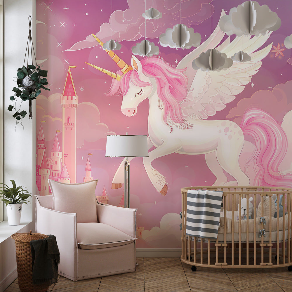 Kids-Mundo unicorn and rainbow mural on a feature wall in a child's kids bedroom