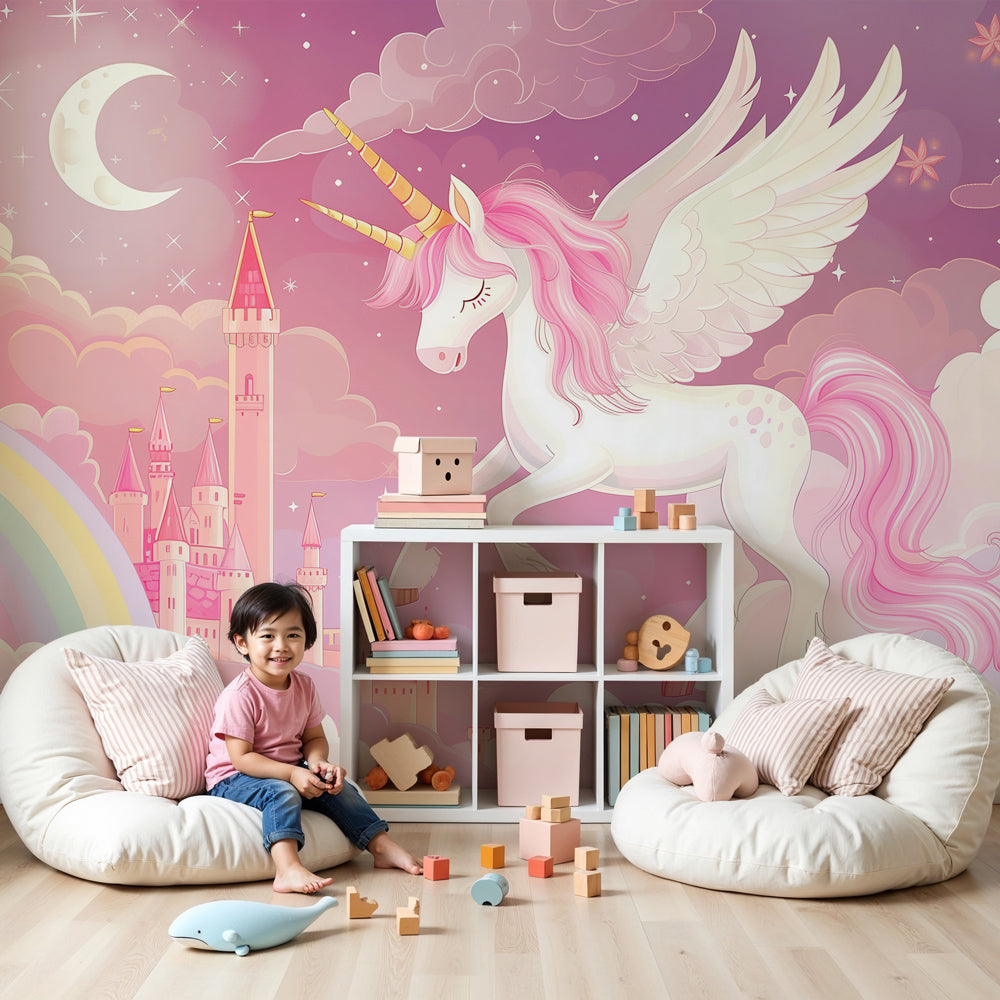 Kids-Mundo flying unicorn castle wall mural above a cot in a soft pink nursery