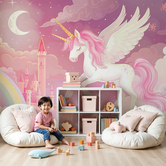 Kids-Mundo flying unicorn castle wall mural above a cot in a soft pink nursery