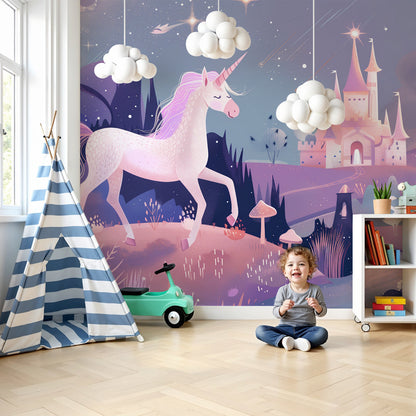 Kids-Mundo unicorn and fairytale castle wall mural styled behind a cot in a dreamy nursery