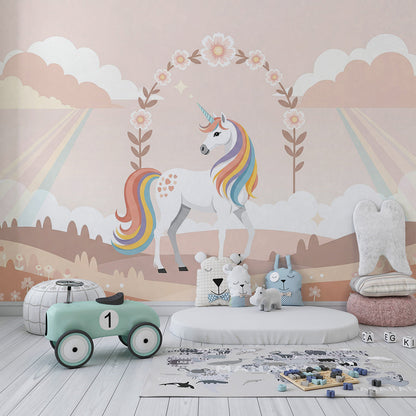 Kids bedroom decorated with the Kids-Mundo unicorn and floral arch rainbow wall mural