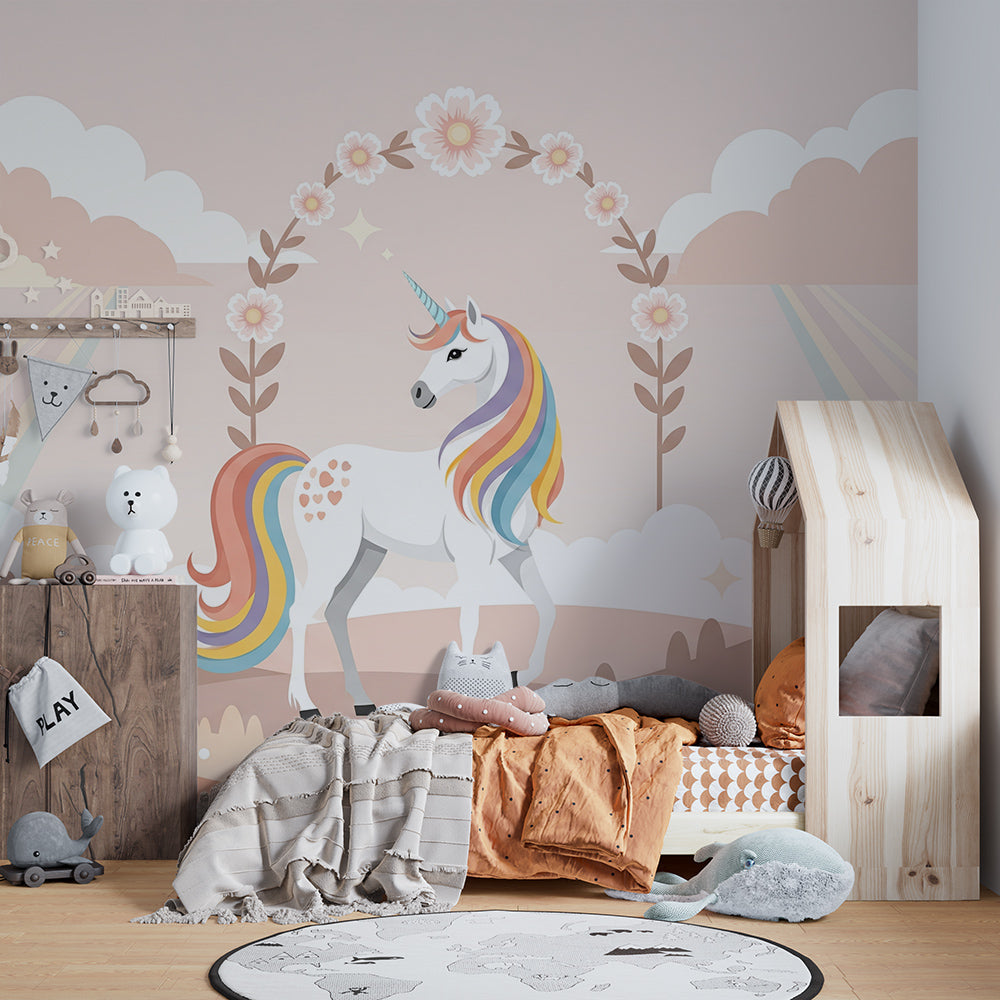 Playroom feature wall using the Kids-Mundo floral arch unicorn wall mural in blush tones