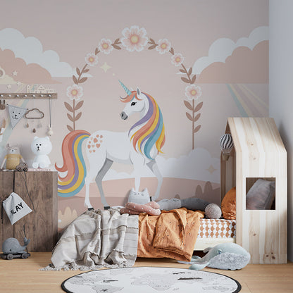 Playroom feature wall using the Kids-Mundo floral arch unicorn wall mural in blush tones