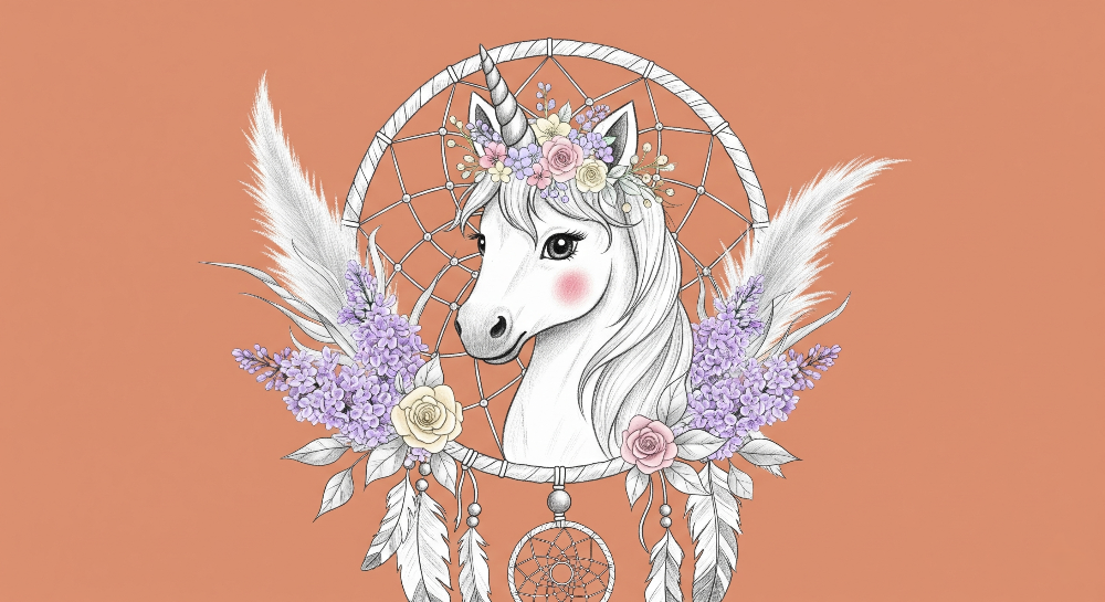 Kids-Mundo flat artwork of an illustrated unicorn inside a floral feathered dreamcatcher