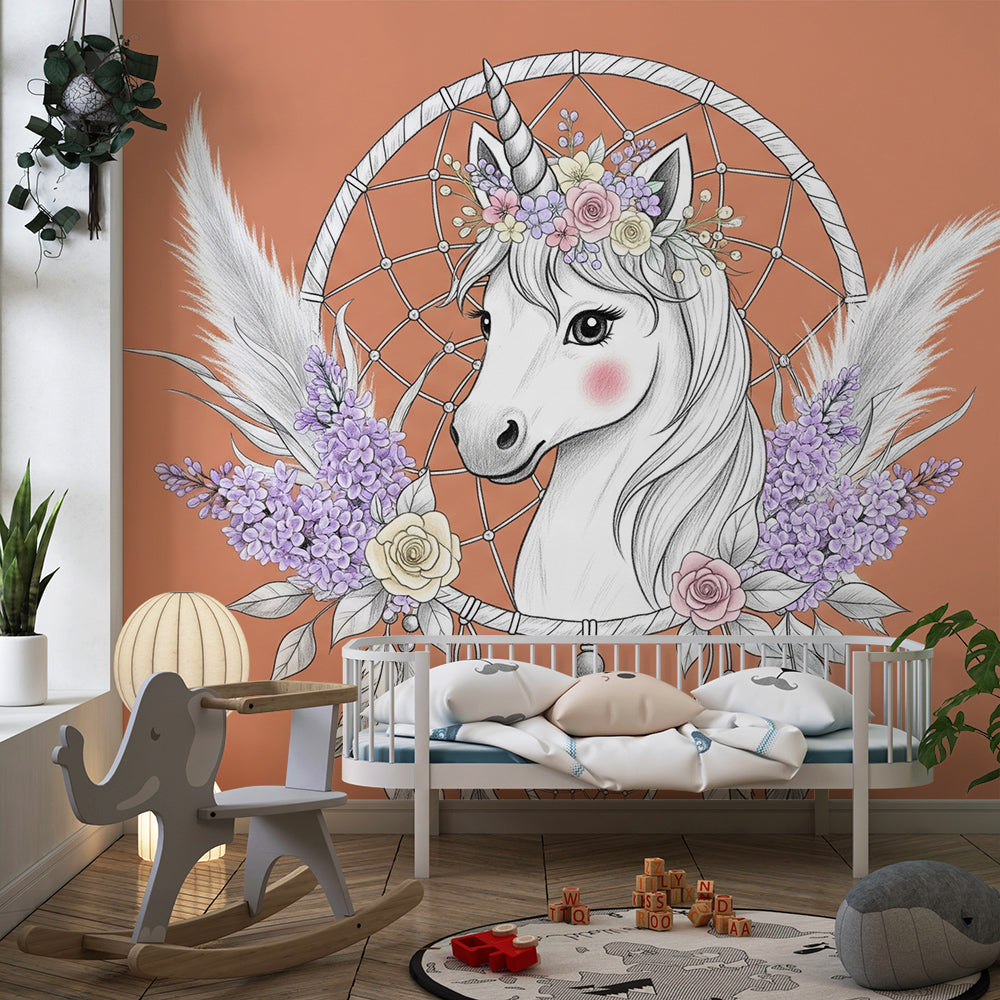 Kids-Mundo unicorn floral dreamcatcher wall mural in a playroom reading corner