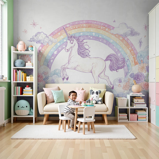 Kids-Mundo pastel unicorn wall mural with roses styled behind a cot in a lilac nursery
