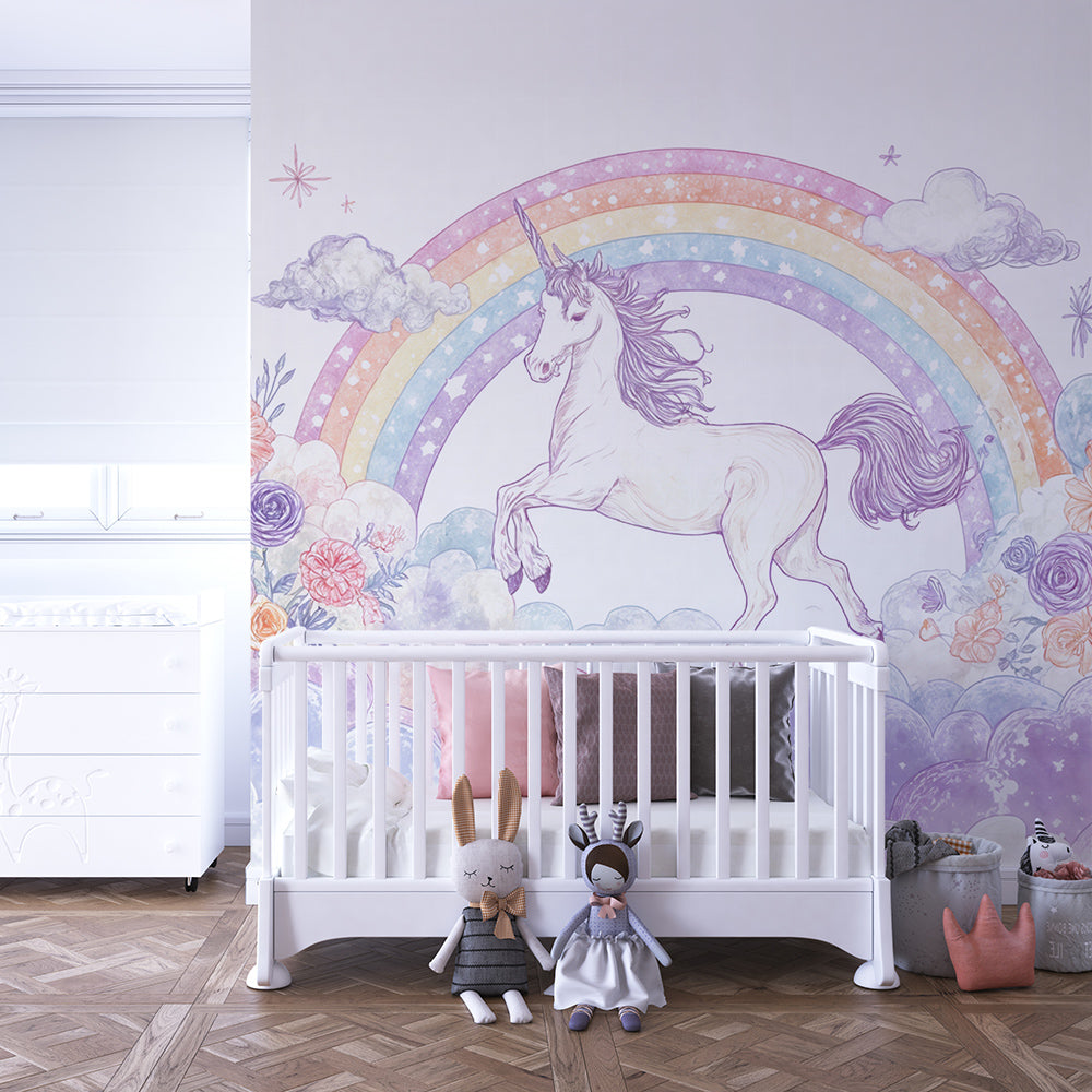 Kids-Mundo pastel floral unicorn wall mural covering a feature wall in a dreamy playroom
