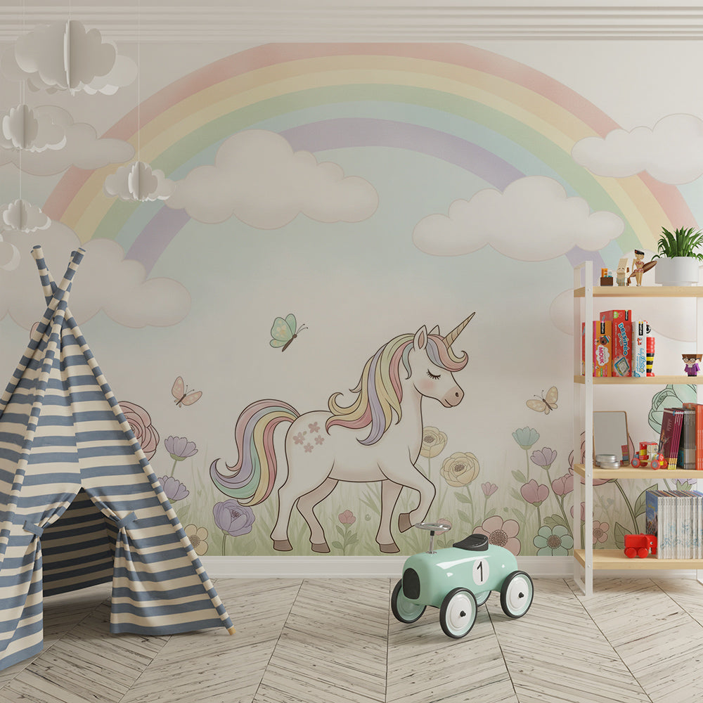Kids-Mundo unicorn and flower wall mural covering a bright playroom wall