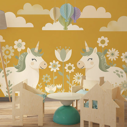 Kids-Mundo unicorn wall mural on a kids' bedroom wall with two unicorns nose to nose