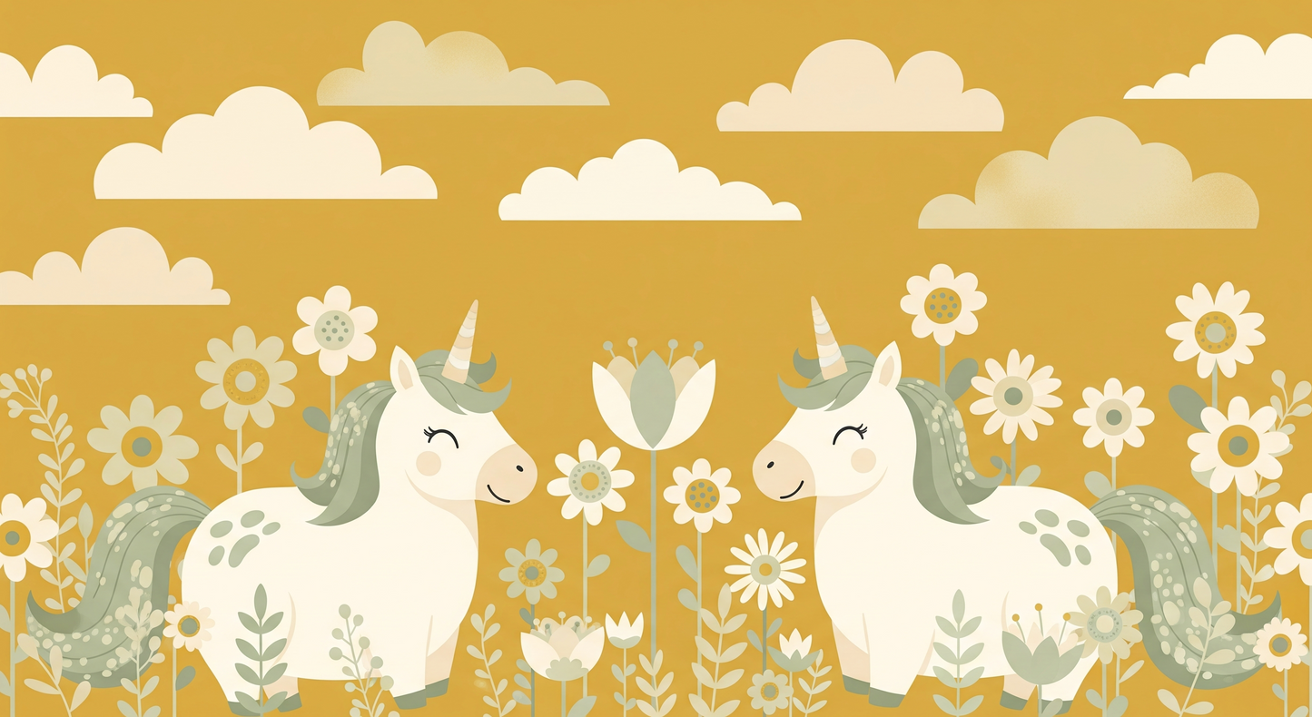 Kids-Mundo flat artwork of two unicorns nose to nose in a flower field mural design