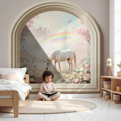 Kids-Mundo unicorn garden window wall mural made to measure for a soft baby nursery
