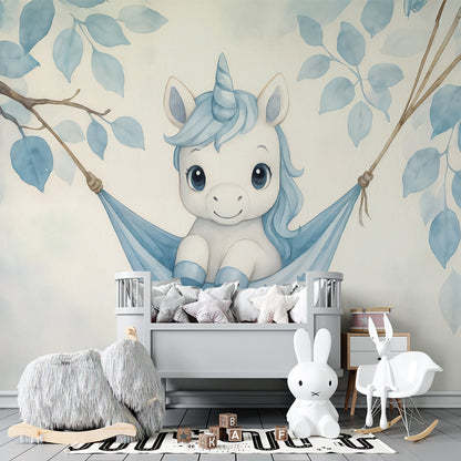 Baby unicorn wall mural by Kids-Mundo installed on a feature wall in a child's bedroom.