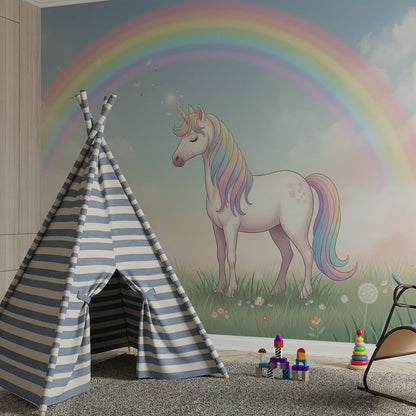 Kids-Mundo unicorn and rainbow wallpaper mural styled in a girls bedroom