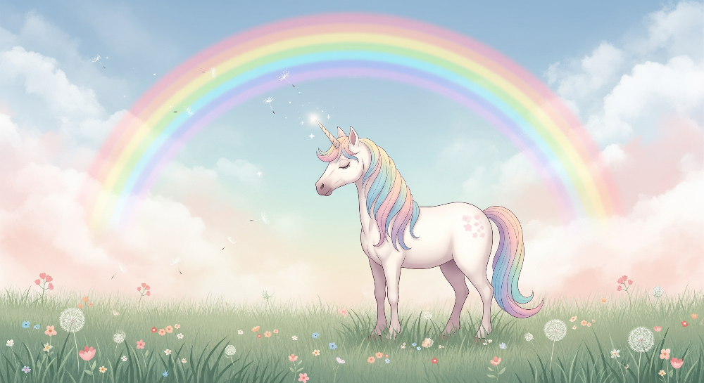 Unicorn in a Meadow Under a Rainbow Wall Mural