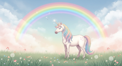 Flat artwork preview of the Kids-Mundo unicorn in a meadow under a rainbow wall mural